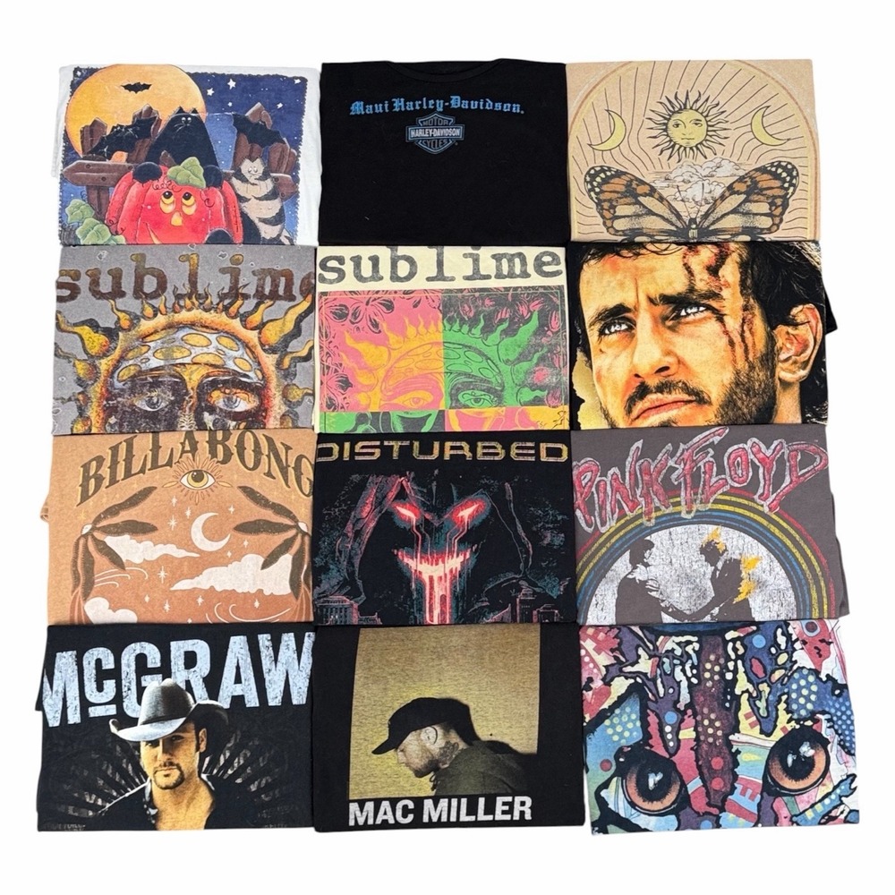 Lot of 12 Graphic T Shirts Sublime Pink Floyd Disturbed Mac Miller Harley S-XL